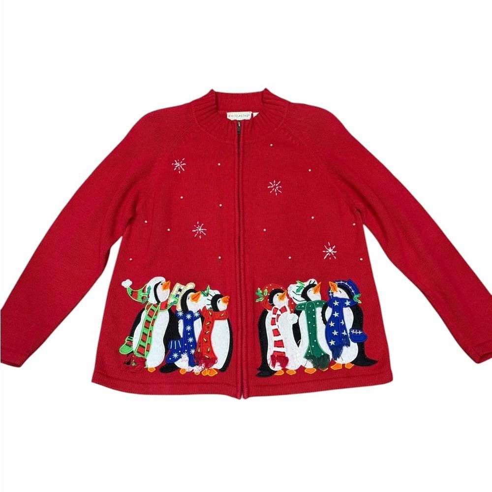 🎅 Vintage White Stag Red Christmas Sweater‎ with Penguins 🐧 Women’s Large